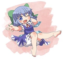 Rule 34 | 1girl, barefoot, bloomers, blue dress, blue eyes, blue hair, blush, bow, cirno, collared shirt, dress, fang, frilled sleeves, frills, full body, green bow, hair between eyes, hair bow, one eye closed, open mouth, rokugou daisuke, shirt, short hair, short sleeves, signature, smile, solo, touhou, underwear, white bloomers, white shirt
