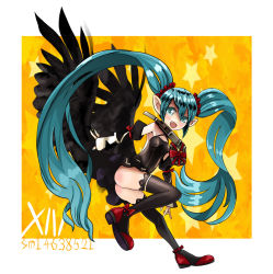 Rule 34 | 1girl, :d, aqua eyes, aqua hair, bad id, bad pixiv id, black thighhighs, black wings, fang, green eyes, green hair, hatsune miku, kanipanda, long hair, looking at viewer, low wings, matching hair/eyes, open mouth, pointy ears, skirt, smile, solo, star (symbol), thighhighs, twintails, very long hair, vocaloid, wings