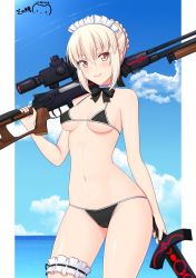 Rule 34 | 1girl, artoria pendragon (alter swimsuit rider) (fate), artoria pendragon (alter swimsuit rider) (second ascension) (fate), artoria pendragon (fate), bare arms, bare shoulders, bikini, black bikini, black bow, black bowtie, black nails, blonde hair, blue sky, blush, bow, bowtie, breasts, bridal garter, cameltoe, closed mouth, cloud, collarbone, contrail, covered erect nipples, cowboy shot, dated, day, excalibur morgan (fate), fate/grand order, fate (series), groin, gun, hair between eyes, holding, holding gun, holding sword, holding weapon, looking at viewer, maid headdress, medium breasts, micro bikini, nail polish, navel, outdoors, pink eyes, ppshex, rifle, short hair, sidelocks, signature, sky, sniper rifle, solo, stomach, string bikini, swimsuit, sword, underboob, weapon