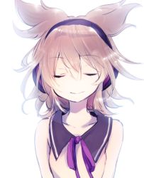 Rule 34 | 1girl, bare shoulders, bloom, brown hair, closed mouth, collarbone, earmuffs, closed eyes, hair between eyes, makuwauri, neck ribbon, pointy hair, purple ribbon, ribbon, shirt, simple background, sleeveless, sleeveless shirt, smile, solo, touhou, toyosatomimi no miko, upper body, white background