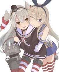 Rule 34 | 10s, 2girls, ;o, amatsukaze (kancolle), anchor hair ornament, black panties, blonde hair, dress, elbow gloves, fang, gloves, hair between eyes, hair ornament, hair tubes, hairband, highleg, highleg panties, hug, hug from behind, jpeg artifacts, kantai collection, long hair, miniskirt, multiple girls, nananichi, one eye closed, open mouth, panties, pleated skirt, red legwear, rensouhou-kun, sailor collar, sailor dress, shimakaze (kancolle), short dress, silver hair, skirt, smile, striped clothes, striped legwear, striped thighhighs, thighhighs, two side up, underwear, white gloves, yellow eyes