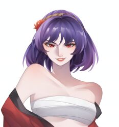 Rule 34 | 1girl, bare shoulders, breasts, collarbone, commentary request, highres, lips, looking at viewer, medium breasts, nasu1225, purple hair, red eyes, red lips, rope, sarashi, short hair, simple background, smile, touhou, undressing, white background, yasaka kanako