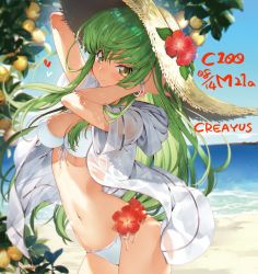 Rule 34 | 1girl, arms up, bikini, bikini top only, blue sky, bracelet, breasts, brown hat, c.c., closed mouth, cloud, code geass, cowboy shot, creayus, day, earrings, green hair, hat, jacket, jewelry, long hair, looking at viewer, medium breasts, open clothes, open jacket, outdoors, sky, smile, solo, straw hat, swimsuit, white bikini, white jacket, yellow eyes