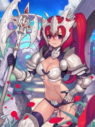 Rule 34 | 1girl, armor, axe, black gloves, black panties, black thighhighs, breasts, cleavage, cloud, cowboy shot, day, gloves, hand on own hip, highres, holding, holding axe, kyundoo, long hair, looking at viewer, medium breasts, open mouth, original, outdoors, panties, petals, pillar, ponytail, purple eyes, red hair, revealing clothes, rose petals, sky, solo, tattoo, thighhighs, underwear, weapon