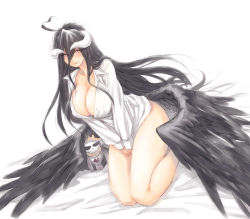 Rule 34 | ainz ooal gown, albedo (overlord), breasts, demon, demon girl, demon horns, demon wings, doll, feathered wings, feathers, horns, large breasts, long hair, overlord (maruyama), shirt, smile, solo, thighhighs, thighs, user xgpy8228, white background, white shirt, wings, yellow eyes