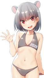 Rule 34 | 2020, :d, animal ears, bare arms, bare shoulders, bikini, chinese zodiac, clothes writing, collarbone, commentary request, cowboy shot, grey bikini, grey hair, hair between eyes, hand up, head tilt, highres, looking at viewer, mouse ears, mouse girl, mouse tail, nagami yuu, navel, open mouth, original, red eyes, round teeth, simple background, smile, solo, swimsuit, tail, teeth, upper teeth only, white background, year of the rat