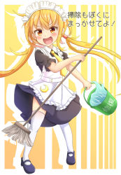 Rule 34 | 1girl, :d, alternate costume, apron, black dress, black footwear, blonde hair, broom, bucket, commentary request, dress, drop shadow, enmaided, frilled apron, frills, full body, hair between eyes, holding, holding broom, holding bucket, kantai collection, long hair, low twintails, maid, maid apron, maid headdress, necktie, open mouth, puffy short sleeves, puffy sleeves, red eyes, satsuki (kancolle), shoes, short sleeves, sills, smile, solo, standing, thighhighs, translation request, twintails, v-shaped eyebrows, very long hair, white apron, white thighhighs, yellow necktie