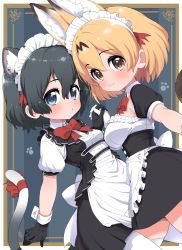 Rule 34 | 2girls, :3, alternate costume, animal ears, apron, black dress, black gloves, black hair, blonde hair, blue eyes, blush, bow, bowtie, cat ears, cat girl, cat tail, collared dress, dress, elbow gloves, enmaided, extra ears, closed eyes, fang, gloves, highres, holding hands, kaban (kemono friends), kemono friends, kemonomimi mode, maid, maid apron, maid headdress, matching outfits, multiple girls, puffy short sleeves, puffy sleeves, ransusan, red bow, red bowtie, serval (kemono friends), short hair, short sleeves, tail, tail bow, tail ornament, thighhighs, white apron, white gloves, white legwear, yellow eyes, zettai ryouiki