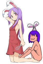 Rule 34 | 2girls, :3, animal ears, apron, arm up, armpit peek, bad id, bad twitter id, breasts, closed mouth, commentary request, completely nude, cookie (touhou), fake hisui (cookie), full body, highres, hisui (cookie), holding, holding whisk, long hair, looking at viewer, medium breasts, miyako (naotsugu), multiple girls, naked apron, nude, purple hair, rabbit ears, red apron, red eyes, reisen udongein inaba, short hair, sideboob, simple background, smile, swept bangs, tied ears, touhou, transparent background, whisk