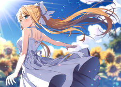Rule 34 | 1girl, air (visual novel), blonde hair, blue eyes, blue sky, choker, cloud, commentary, commentary request, day, dress, english commentary, flower, hair ribbon, kamio misuzu, looking to the side, mauve, mixed-language commentary, outdoors, outstretched arm, ponytail, ribbon, sky, sleeveless, sleeveless dress, solo, sun, sunflower, sunlight, white choker, white dress, white ribbon