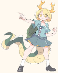 Rule 34 | 1girl, absurdres, black footwear, blonde hair, blue shirt, blush, closed mouth, dragon horns, dragon tail, full body, green skirt, highres, horns, kicchou yachie, massakasama, shirt, shoes, short hair, short sleeves, simple background, skirt, smile, socks, solo, tail, touhou, unfinished dream of all living ghost, white socks, yellow background, yellow eyes, yellow horns