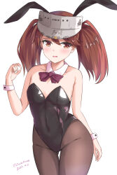 Rule 34 | 1girl, alternate costume, animal ears, bare shoulders, black bow, black bowtie, black leotard, blush, bow, bowtie, brown pantyhose, covered navel, dated, detached collar, fake animal ears, flat chest, highleg, highleg leotard, highres, kantai collection, leotard, looking at viewer, pantyhose, playboy bunny, rabbit ears, rabbit tail, ryuujou (kancolle), simple background, solo, strapless, strapless leotard, tail, traditional bowtie, twitter username, white background, wrist cuffs, zuikillme