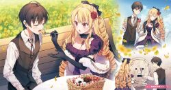 Rule 34 | basket, bcoca, blonde hair, breasts, brown hair, choker, cleavage, dress, drill hair, feeding, flower, food, fork, ice cream, ice cream cone, jewelry, neck ribbon, necklace, novel illustration, official art, red eyes, ribbon, table, tagme