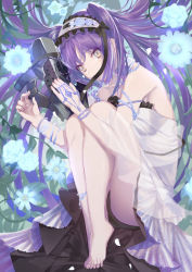 Rule 34 | 1girl, ass, bare shoulders, barefoot, black panties, bracelet, dress, euryale (fate), fate/hollow ataraxia, fate (series), feet, flower, hairband, jewelry, knees to chest, lolita hairband, long hair, looking at viewer, panties, purple hair, solo, takubon, tears, toes, twintails, underwear, very long hair, white eyes