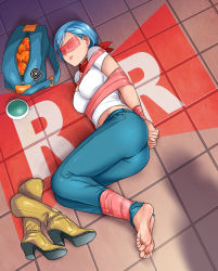 Rule 34 | 1girl, abduction, absurdres, ass, barefoot, bdsm, belly, blindfold, blue hair, bondage, bound, bound ankles, bound wrists, breasts, bulma, cleavage, denim, dragon ball, dragon ball (object), dragon ball super, dragon radar, earrings, feet, highres, jeans, jewelry, kidnapped, lipstick, lost one zero, makeup, navel, pants, shadow, shirt, shoes, unworn shoes, tape, tape bondage, taped eyes, toes, white shirt