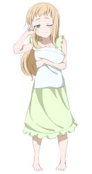 Rule 34 | 1girl, absurdres, blonde hair, detached hair, dress, full body, green dress, green eyes, hand on own face, highres, holding, holding pillow, inose mai, koisuru asteroid, long dress, long hair, no shoes, pillow, simple background, sleeveless, solo, uchuu no mozuku, waking up, white background