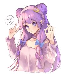 Rule 34 | 1girl, bad id, bad twitter id, blue bow, bow, crescent, crescent hair ornament, double bun, hair bow, hair ornament, hairband, long hair, long sleeves, patchouli knowledge, purple bow, purple eyes, purple hair, sidelocks, simple background, sketch, solo, touhou, upper body, v, vanilla (miotanntann), very long hair, white background