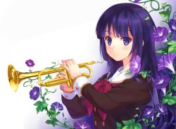 Rule 34 | 10s, 1girl, absurdres, blue eyes, blue hair, blush, flower, from side, hibike! euphonium, highres, holding, holding instrument, instrument, kousaka reina, long hair, long sleeves, looking at viewer, looking to the side, matching hair/eyes, miu (pixiv4149478), neckerchief, parted lips, red neckerchief, school uniform, serafuku, solo, trumpet, upper body