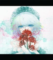 Rule 34 | 1girl, black headband, blue eyes, chocoshi, commentary request, film grain, flower, headband, highres, holding, holding flower, letterboxed, looking at viewer, no pupils, original, short hair, solo, spider lily, upper body, watercolor effect, white hair