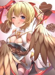 Rule 34 | 1girl, ;q, black thighhighs, blonde hair, blue eyes, blush, breast curtains, breasts, candy, chocolate, chocolate heart, chocolate on face, cleavage, clothing cutout, collar, cowboy shot, food, food on face, frilled leotard, frills, hair ribbon, harpy, heart, highres, imsaibo3, indie virtual youtuber, leotard, mavia (vtuber), medium breasts, mixing bowl, monster girl, navel, one eye closed, red ribbon, ribbon, second-party source, sleeveless, solo, spatula, thighhighs, tongue, tongue out, virtual youtuber, white collar, white leotard, yellow wings