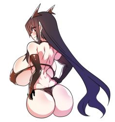 Rule 34 | 1girl, annoyed, artist request, ass, bare shoulders, bikini, breasts, brown hair, butt crack, dimples of venus, elbow gloves, executioner (girls&#039; frontline), from behind, girls&#039; frontline, gloves, horns, huge ass, huge breasts, long hair, looking at viewer, looking back, red eyes, shiny clothes, shiny skin, sideboob, solo, swimsuit, thong, thong bikini, very long hair