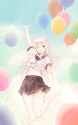 Rule 34 | 1girl, ;d, absurdres, arm up, balloon, barefoot, black eyes, black skirt, breasts, crop top, crop top overhang, hand up, highres, legs up, long hair, looking at viewer, medium breasts, midriff, miniskirt, muyang, navel, neckerchief, one eye closed, open mouth, original, pleated skirt, sailor collar, school uniform, see-through silhouette, serafuku, shirt, short sleeves, skirt, smile, solo, stomach, thighs, white hair, white shirt