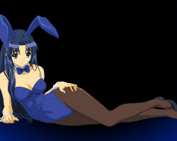 Rule 34 | 00s, 1girl, animal ears, asakura ryouko, black background, black pantyhose, blue background, blue bow, blue bowtie, blue eyes, blue hair, blue leotard, bow, bowtie, breasts, cleavage, detached collar, fake animal ears, female focus, full body, gradient background, hand on own hip, legs together, leotard, long hair, pantyhose, pinup (style), playboy bunny, rabbit ears, solo, strapless, strapless leotard, suzumiya haruhi no yuuutsu, thick eyebrows, vector trace, very long hair, wallpaper, wrist cuffs