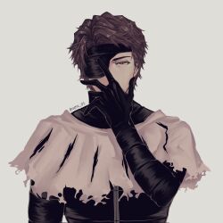 Rule 34 | 1boy, aizen sousuke, black gloves, black jacket, bleach, bleach: sennen kessen-hen, brown eyes, brown hair, capelet, commentary, covered mouth, english commentary, eyepatch, gloves, grey background, hand on own face, hand up, highres, jacket, kas0n3ri, looking at viewer, male focus, one eye covered, short hair, simple background, solo, straight-on, torn capelet, torn clothes, tsurime, twitter username, upper body, white capelet