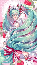 Rule 34 | 1girl, food, fruit, green eyes, green hair, hatsune miku, highres, looking at viewer, nardack, open mouth, smile, solo, strawberry, strawberry miku (morikura), thighhighs, twintails, vocaloid, white thighhighs