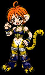 Rule 34 | 1girl, animal ears, artist request, blush, breasts, breath of fire, breath of fire ii, bustier, cat ears, cat tail, chibi, claws, cleavage, facial mark, full body, furry, furry female, gloves, green eyes, lowres, no panties, no pants, open mouth, orange hair, rinpoo chuan, solo, source request, tail, transparent background
