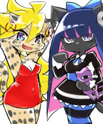 Rule 34 | 2girls, animalization, artist request, blonde hair, cat, cheetah, furry, highres, long hair, multicolored hair, multiple girls, open mouth, panty &amp; stocking with garterbelt, panty (psg), pink hair, purple hair, stocking (psg), tagme, two-tone hair