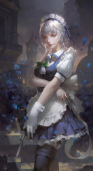 Rule 34 | 1girl, apron, between fingers, black thighhighs, blue flower, blue skirt, bow, braid, building, flower, frilled skirt, frills, gloves, hair bow, hair ribbon, highres, holding, holding knife, holding weapon, izayoi sakuya, knife, knives between fingers, kusi de san gu, lips, lipstick, looking at viewer, maid, maid headdress, makeup, night, night sky, orange eyes, outdoors, parted lips, petals, pink lips, plant, pleated skirt, puffy short sleeves, puffy sleeves, ribbon, short sleeves, silver hair, single glove, skirt, sky, smile, solo, teeth, thighhighs, thighs, touhou, tower, twin braids, waist apron, weapon, wrist cuffs
