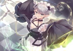 Rule 34 | 1girl, absurdres, apron, arianna the labrynth servant, aura, black ribbon, black skirt, breasts, checkered floor, cleavage, collar, cowboy shot, demon girl, demon horns, demon tail, detached sleeves, duel monster, from above, green eyes, grey hair, hair ribbon, highres, holding, holding key, horns, kanzakietc, key, long sleeves, looking at viewer, maid, maid apron, maid headdress, medium breasts, medium hair, pointy ears, ribbon, scar, scar on face, skirt, solo, tail, twintails, twitter username, very long sleeves, wide sleeves, yu-gi-oh!
