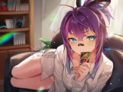 Rule 34 | 1girl, bandaid, bandaid on face, bandaid on nose, blue eyes, bottomless, card, collared shirt, couch, high ponytail, highres, holding, holding card, indoors, looking at viewer, lying, melody (projektmelody), newbie (newbie 132), on side, pink hair, purple hair, shelf, shirt, solo, uno (game), virtual youtuber, vshojo, white shirt