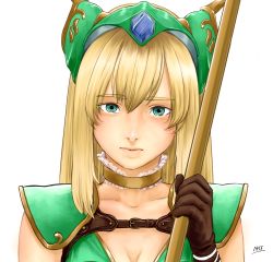 Rule 34 | 1girl, blonde hair, breasts, cleavage, closed mouth, gloves, helmet, highres, jkataishi, long hair, looking at viewer, riesz, seiken densetsu, seiken densetsu 3, simple background, solo, very long hair, weapon, white background, winged helmet