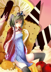 Rule 34 | absurdres, china dress, chinese clothes, crown, ddsheep, dress, food, frown, garter belt, gradient hair, highres, looking at viewer, luo tianyi, multicolored hair, solo, thighhighs, vocaloid