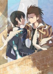 Rule 34 | 2boys, alvin (tales), ascot, bad id, bad pixiv id, bird, black hair, brown eyes, brown hair, coat, curtains, feathers, jude mathis, male focus, multiple boys, nic (kevin), see-through, smile, tales of (series), tales of xillia, window