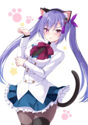 Rule 34 | 1girl, animal ear fluff, animal ears, arm under breasts, assault lily, black hairband, black shirt, black thighhighs, blue skirt, blush, bow, bowtie, breasts, brown pantyhose, buttons, cat ears, cat tail, commentary, cowboy shot, fake animal ears, fake tail, frilled skirt, frills, gungun (hakutou7887), hair between eyes, hair ornament, hair ribbon, hairband, hands up, herensuge girls academy school uniform, highres, jacket, long hair, long sleeves, looking at viewer, matsumura fuuka, medium breasts, miniskirt, pantyhose, parted lips, paw pose, paw print, paw print background, pink eyes, purple hair, purple ribbon, red bow, red bowtie, ribbon, school uniform, shirt, skirt, solo, standing, star (symbol), starry background, tail, tassel, tassel hair ornament, thighhighs, thighhighs over pantyhose, twintails, v-shaped eyebrows, very long hair, white background, white jacket