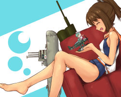 Rule 34 | 10s, 1girl, :d, ^ ^, aichi m6a seiran, aircraft, airplane, armchair, bare shoulders, barefoot, brown hair, chair, closed eyes, dutch angle, closed eyes, fairy (kancolle), from side, i-400-class-submarine, i-401, i-401 (kancolle), kakiha makoto, kantai collection, lying, mother ship, on side, one-piece swimsuit, open mouth, parasite aircraft, personification, ponytail, sailor collar, school swimsuit, school uniform, seiran (kancolle), short hair, short ponytail, sideways mouth, smile, submarine, submarine aircraft carrier, swimsuit, swimsuit under clothes, watercraft