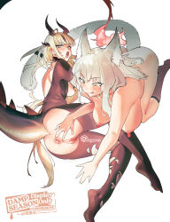 Rule 34 | 2girls, anal fluid, animal ear fluff, animal ears, anus, arknights, backless outfit, blonde hair, blush, bodystocking, breasts, breasts out, cat ears, cat girl, cat tail, chinese commentary, commentary, crotchless, dragon girl, dragon horns, dragon tail, ear blush, flame-tipped tail, green eyes, green hair, grey socks, hand on another&#039;s ass, hanging breasts, harmonie (arknights), highres, horns, kneeling, large breasts, licking lips, long hair, looking at another, looking at ass, lying, multiple girls, nipples, nude, on side, open mouth, pussy, pussy juice, reed (arknights), socks, stine r, tail, tail ornament, tail ring, tongue, tongue out, uncensored, white background, yuri
