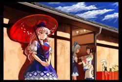 Rule 34 | 3girls, architecture, black border, blue hair, border, bow, brown hair, cirno, cloud, day, dress, east asian architecture, extra, hair bow, hat, ice, ice wings, japanese clothes, kamishirasawa keine, kimono, long hair, multiple girls, neckerchief, nihimaru, oil-paper umbrella, open mouth, ponytail, red eyes, ribbon, short hair, silver hair, sky, smile, touhou, tsukumogami, umbrella, wings