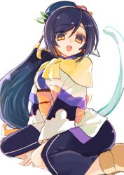 Rule 34 | 1girl, absurdly long hair, ainu clothes, animal ears, aquaplus, black hair, boots, breasts, cat tail, dress, full body, gradient eyes, hair between eyes, hair ornament, hands between legs, high ponytail, kuon (utawarerumono), layered sleeves, long hair, long sleeves, looking at viewer, low-tied long hair, medium breasts, multicolored eyes, open mouth, orange hair, orange sash, ponytail, raised eyebrows, sash, scarf, side slit, sidelocks, sitting, solo, swept bangs, tail, teeth, thighs, tongue, utawarerumono, utawarerumono: itsuwari no kamen, very long hair, white tail, wide sleeves, yasonomugi, yellow scarf
