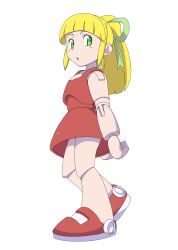 Rule 34 | 1girl, :o, absurdres, android, bare arms, bare shoulders, blonde hair, blunt bangs, child, dress, flat chest, full body, green eyes, green ribbon, hair ribbon, highres, joints, long hair, looking to the side, mega man (classic), mega man (series), open mouth, ponytail, powerhamuhamu, red dress, red footwear, ribbon, robot joints, roll (mega man), shoes, sidelocks, simple background, solo, white background