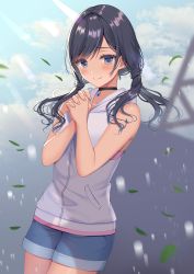 Rule 34 | 1girl, absurdres, amano hina (tenki no ko), bare arms, bare shoulders, black hair, blue eyes, blue sky, blush, choker, cloud, cloudy sky, collarbone, commentary request, cowboy shot, denim, denim shorts, highres, hood, hood down, hooded jacket, interlocked fingers, izumo neru, jacket, leaf, long hair, looking at viewer, low twintails, motion blur, own hands clasped, own hands together, pink shirt, shirt, short shorts, shorts, sidelocks, sky, sleeveless, sleeveless jacket, sleeveless shirt, smile, solo, standing, tenki no ko, twintails, undershirt, white jacket