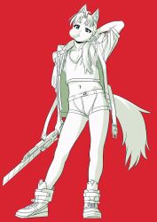 Rule 34 | 1girl, absurdres, animal ear fluff, animal ears, boots, chewing gum, collarbone, crop top, fox ears, fox girl, fox tail, highres, jacket, long hair, looking at viewer, midriff, monochrome, navel, nishiya yasushi, open clothes, open jacket, original, red background, shorts, simple background, solo, standing, tail