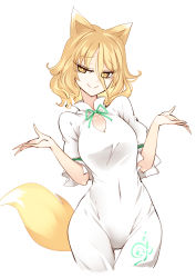 Rule 34 | 1girl, animal ears, blonde hair, breasts, closed mouth, collarbone, cowboy shot, cropped legs, fox ears, fox tail, green ribbon, highres, kudamaki tsukasa, large breasts, raptor7, ribbon, romper, short hair, short sleeves, simple background, solo, tail, touhou, white background, yellow eyes
