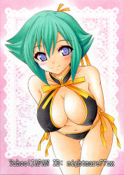 Rule 34 | 10s, 1girl, aquarion (series), aquarion evol, bikini, blue eyes, breasts, cleavage, cleavage cutout, clothing cutout, green hair, nightmare77zx, ribbon, short hair, solo, swimsuit, traditional media, zessica wong