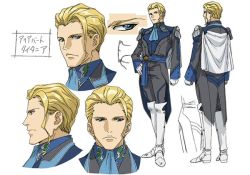 Rule 34 | 1boy, ariabart tytania, armor, armored boots, blonde hair, boots, cape, concept art, full body, knee boots, looking at viewer, male focus, military, military uniform, multiple views, pants, standing, tytania, uniform