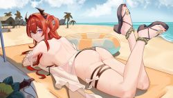 Rule 34 | 1girl, absurdres, arknights, ass, back, bare shoulders, beach, beach umbrella, bikini, black bikini, black footwear, black ribbon, bow, breast press, breasts, chain, closed mouth, day, detached sleeves, feet, feet up, from behind, hair rings, highres, horizon, horns, innertube, large breasts, long hair, long sleeves, looking at viewer, looking back, lying, nail polish, ocean, official alternate costume, on stomach, outdoors, pomerui, purple eyes, red hair, red nails, revision, ribbon, sandals, see-through, side-tie bikini bottom, sideboob, skindentation, solo, surtr (arknights), surtr (colorful wonderland) (arknights), swim ring, swimsuit, the pose, thigh strap, toenail polish, toenails, umbrella, untied bikini, water, white bow