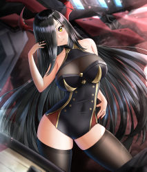 Rule 34 | 1girl, azur lane, black hair, breasts, brown thighhighs, buttons, cleavage, cleavage cutout, clothing cutout, contrapposto, double-breasted, dress, friedrich der grosse (azur lane), gold trim, highres, horns, itacho (itasha draws), large breasts, long hair, looking at viewer, mechanical horns, microdress, non-humanoid robot, red horns, robot, robot animal, see-through, see-through dress, solo, taut clothes, taut dress, thighhighs, very long hair, yellow eyes